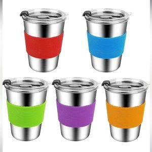 Vermida 5 Pack Spill Proof 12oz Kids Stainless Steel Tumblers with Lids